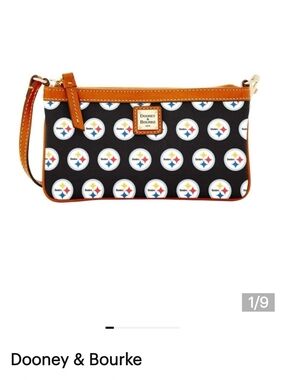 Dooney & Bourke Black Wristlet with Tan Trim and Sports Logo Print NWT